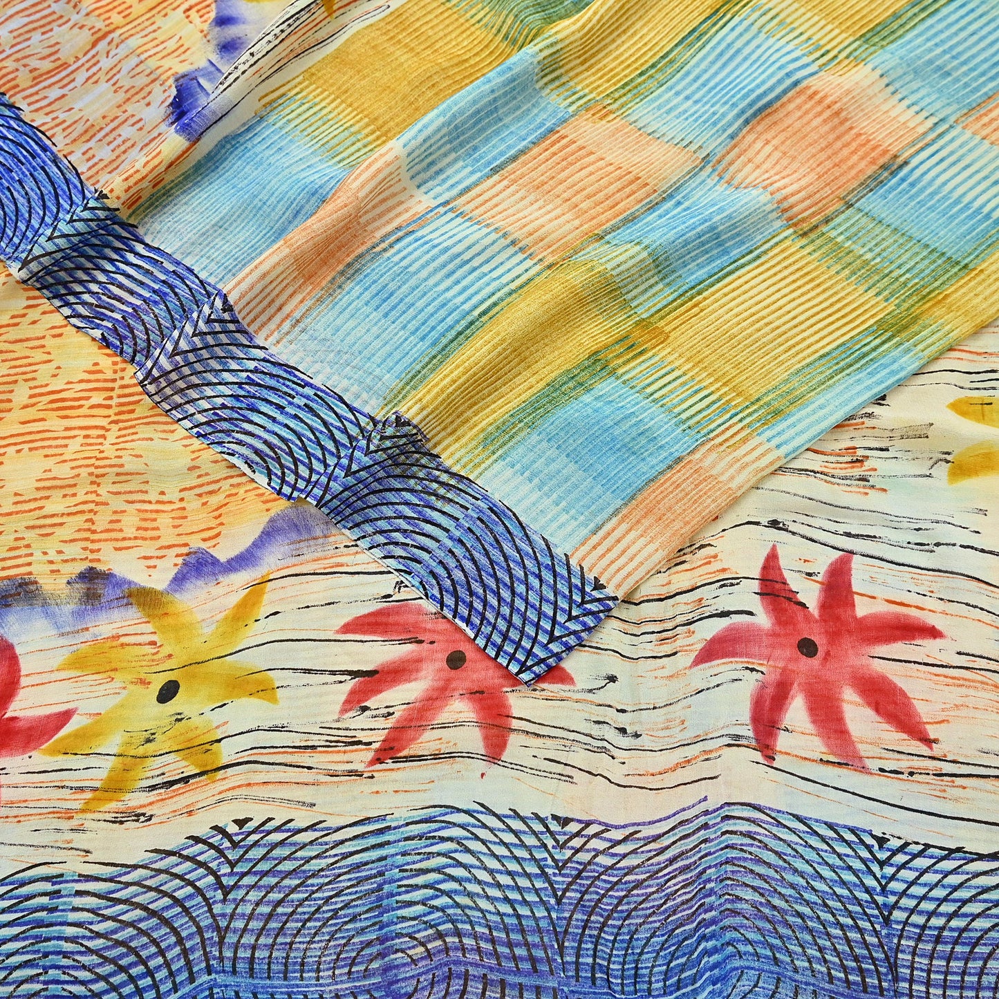 Indian Vintage Sari Ivory & Multi Pure Georgette Silk Printed Sarees 6Yd Craft Fabric Sewing Quilting Dress making Crafting Quilting Upcycle