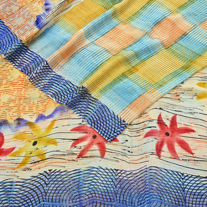 Indian Vintage Sari Ivory & Multi Pure Georgette Silk Printed Sarees 6Yd Craft Fabric Sewing Quilting Dress making Crafting Quilting Upcycle