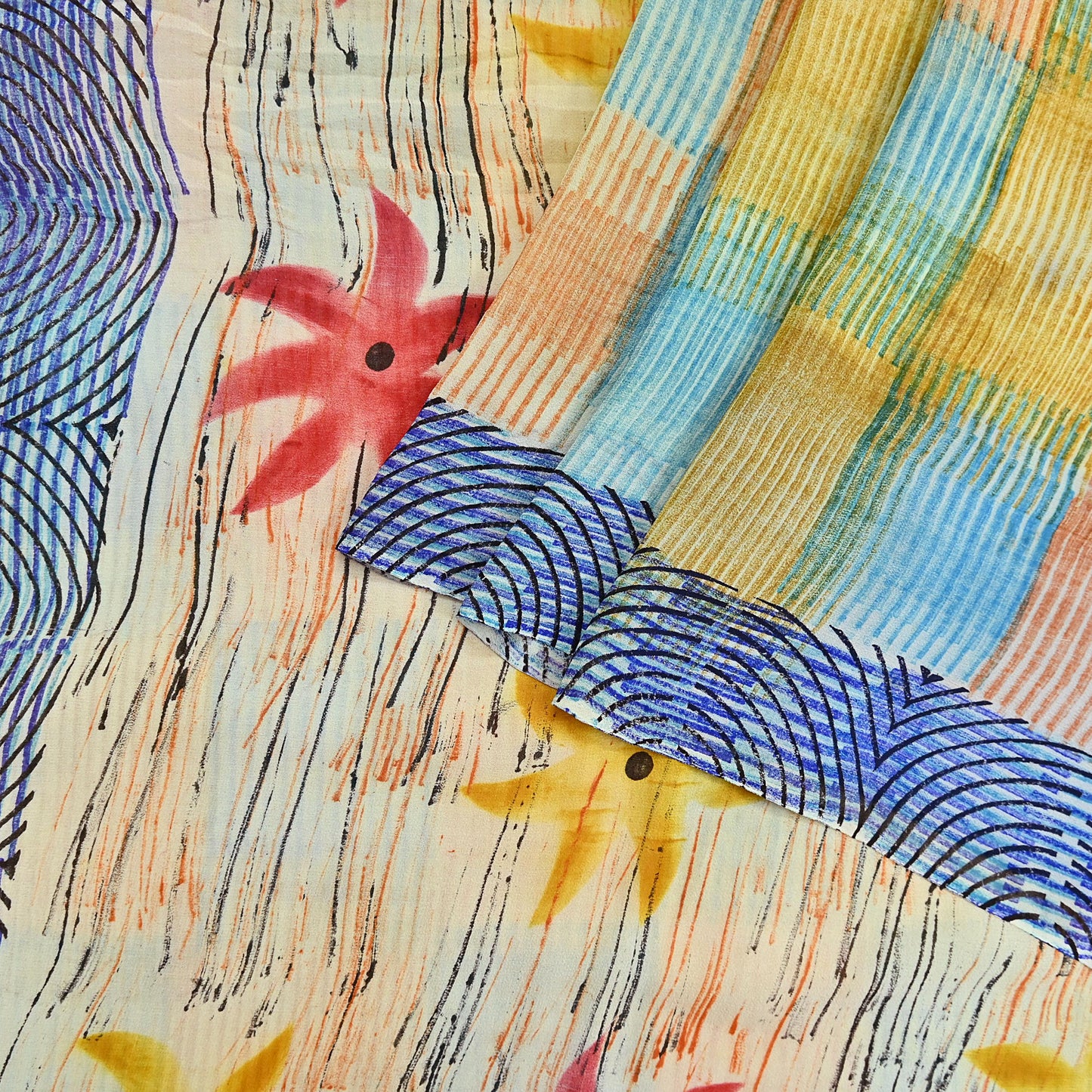 Indian Vintage Sari Ivory & Multi Pure Georgette Silk Printed Sarees 6Yd Craft Fabric Sewing Quilting Dress making Crafting Quilting Upcycle