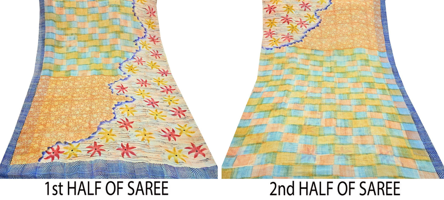 Indian Vintage Sari Ivory & Multi Pure Georgette Silk Printed Sarees 6Yd Craft Fabric Sewing Quilting Dress making Crafting Quilting Upcycle