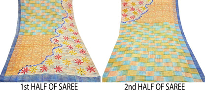 Indian Vintage Sari Ivory & Multi Pure Georgette Silk Printed Sarees 6Yd Craft Fabric Sewing Quilting Dress making Crafting Quilting Upcycle