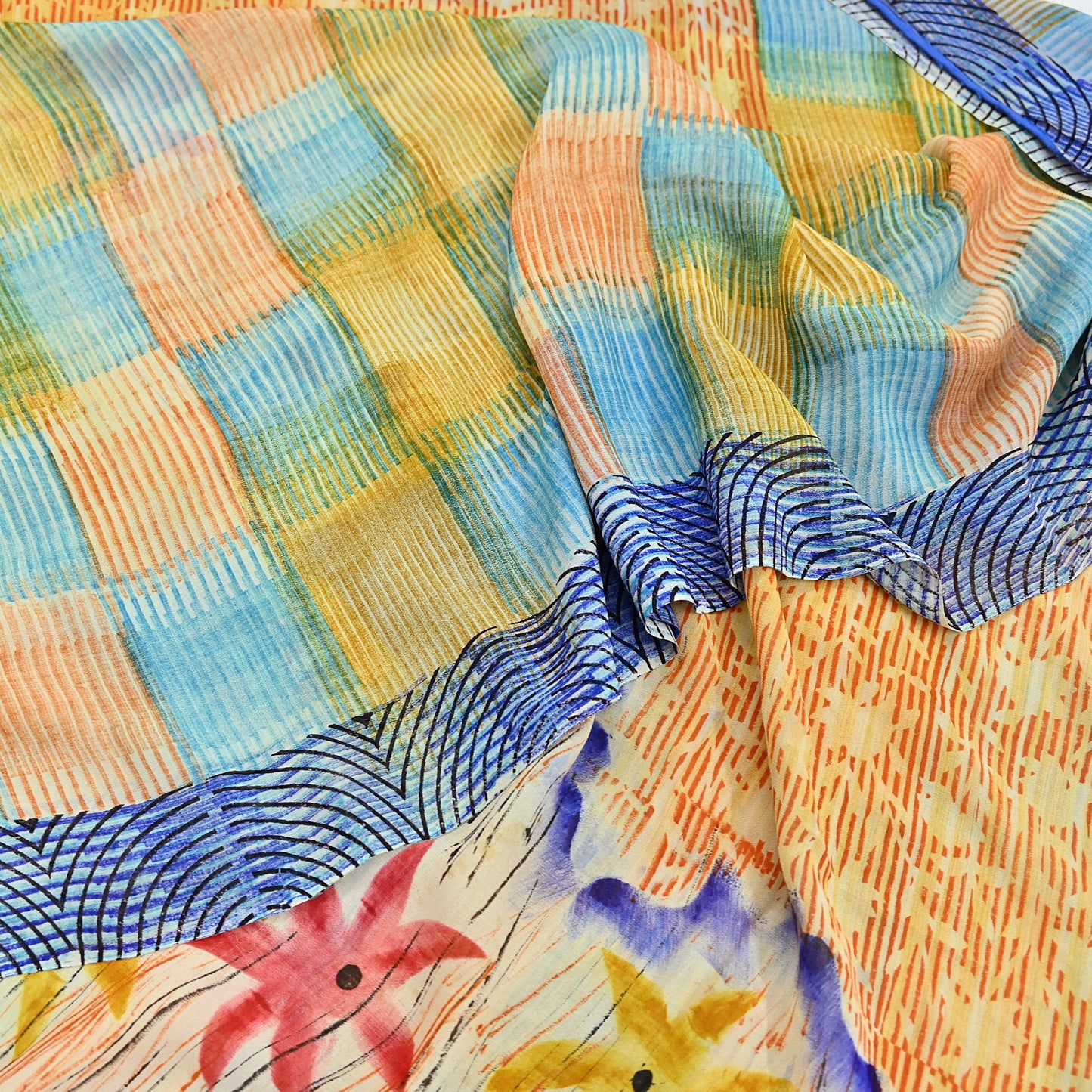 Indian Vintage Sari Ivory & Multi Pure Georgette Silk Printed Sarees 6Yd Craft Fabric Sewing Quilting Dress making Crafting Quilting Upcycle