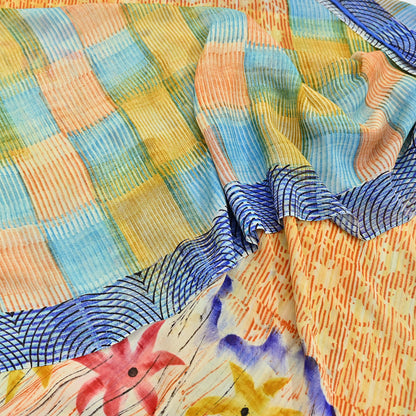 Indian Vintage Sari Ivory & Multi Pure Georgette Silk Printed Sarees 6Yd Craft Fabric Sewing Quilting Dress making Crafting Quilting Upcycle