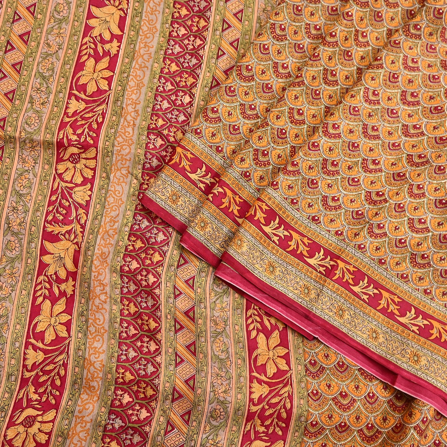 Indian Vintage Sari Red & Mustard Pure Silk Printed Saree Fabric 5yard Sewing Craft Fabric DressMaking Soft Wrap