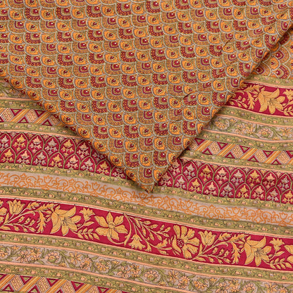 Indian Vintage Sari Red & Mustard Pure Silk Printed Saree Fabric 5yard Sewing Craft Fabric DressMaking Soft Wrap