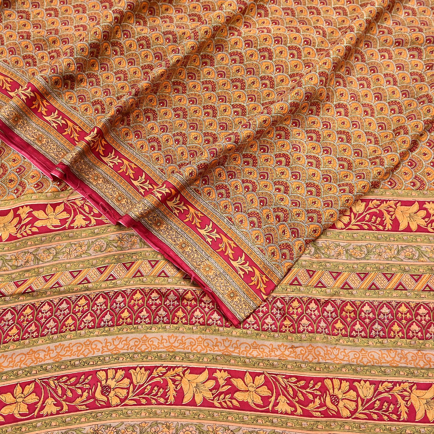 Indian Vintage Sari Red & Mustard Pure Silk Printed Saree Fabric 5yard Sewing Craft Fabric DressMaking Soft Wrap