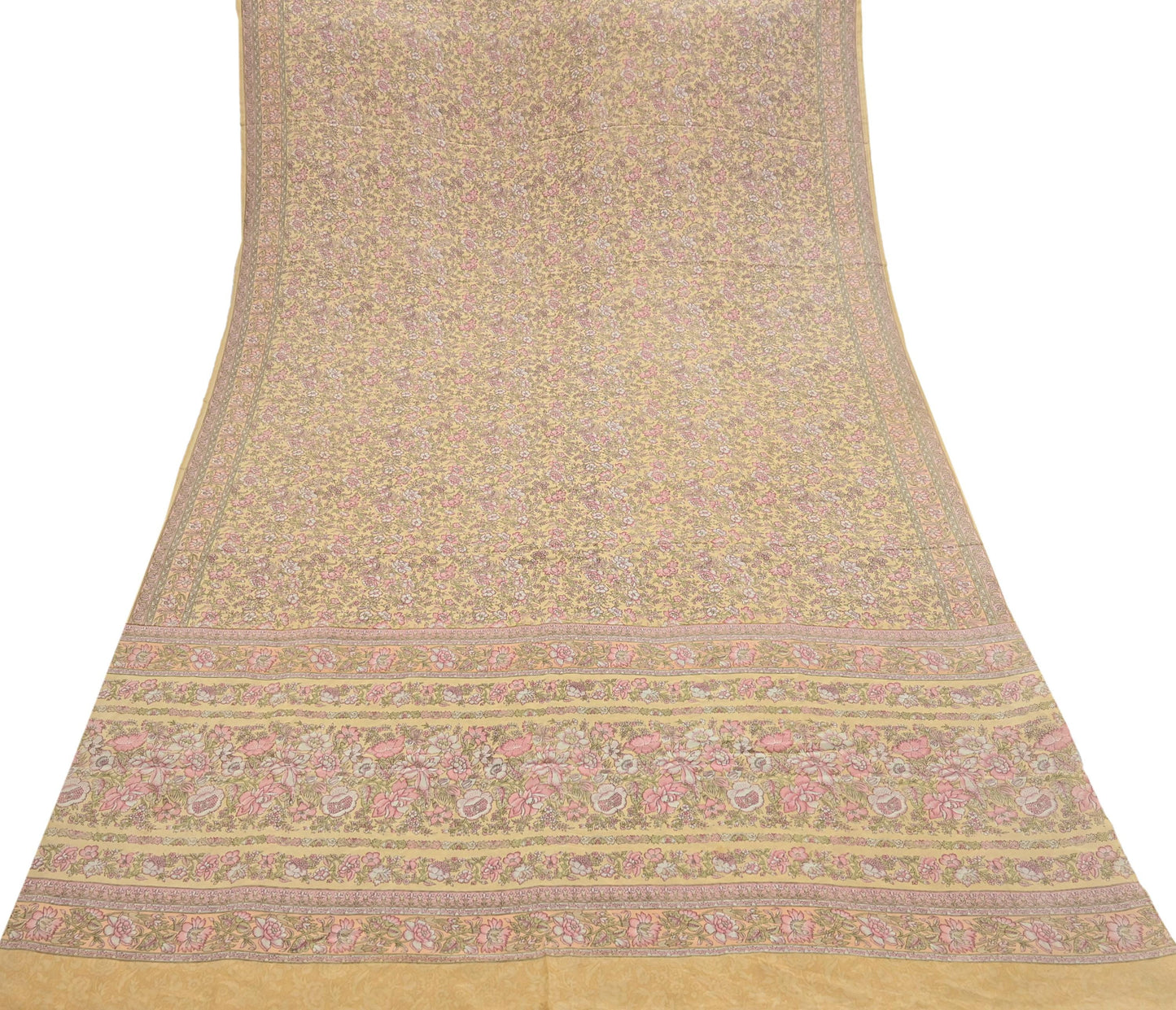 Indian Vintage Sari Yellow Pure Silk Printed Saree Fabric 5yard Sewing Craft Fabric DressMaking Wrap Floral