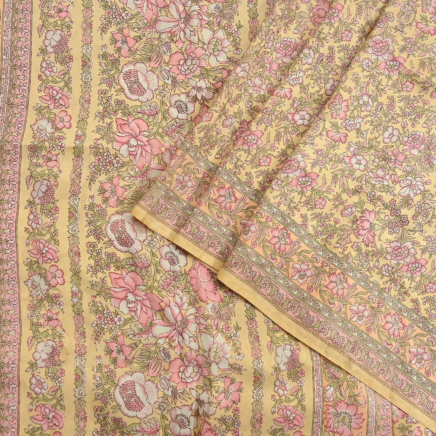 Indian Vintage Sari Yellow Pure Silk Printed Saree Fabric 5yard Sewing Craft Fabric DressMaking Wrap Floral