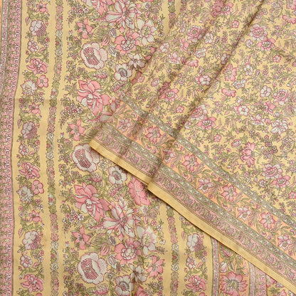 Indian Vintage Sari Yellow Pure Silk Printed Saree Fabric 5yard Sewing Craft Fabric DressMaking Wrap Floral