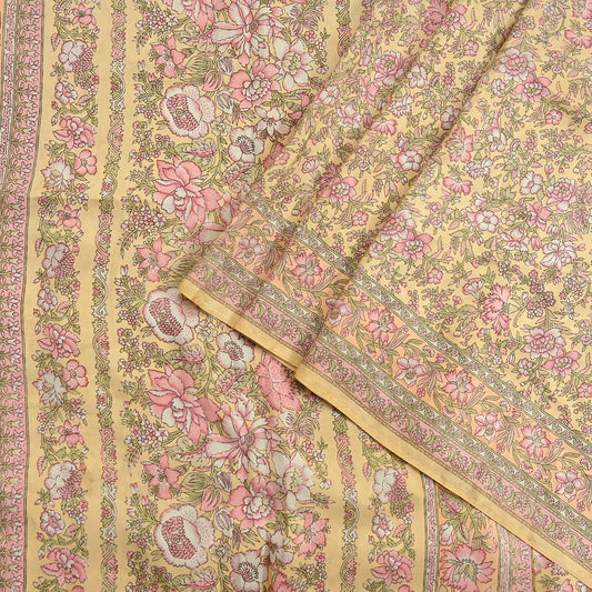 Indian Vintage Sari Yellow Pure Silk Printed Saree Fabric 5yard Sewing Craft Fabric DressMaking Wrap Floral