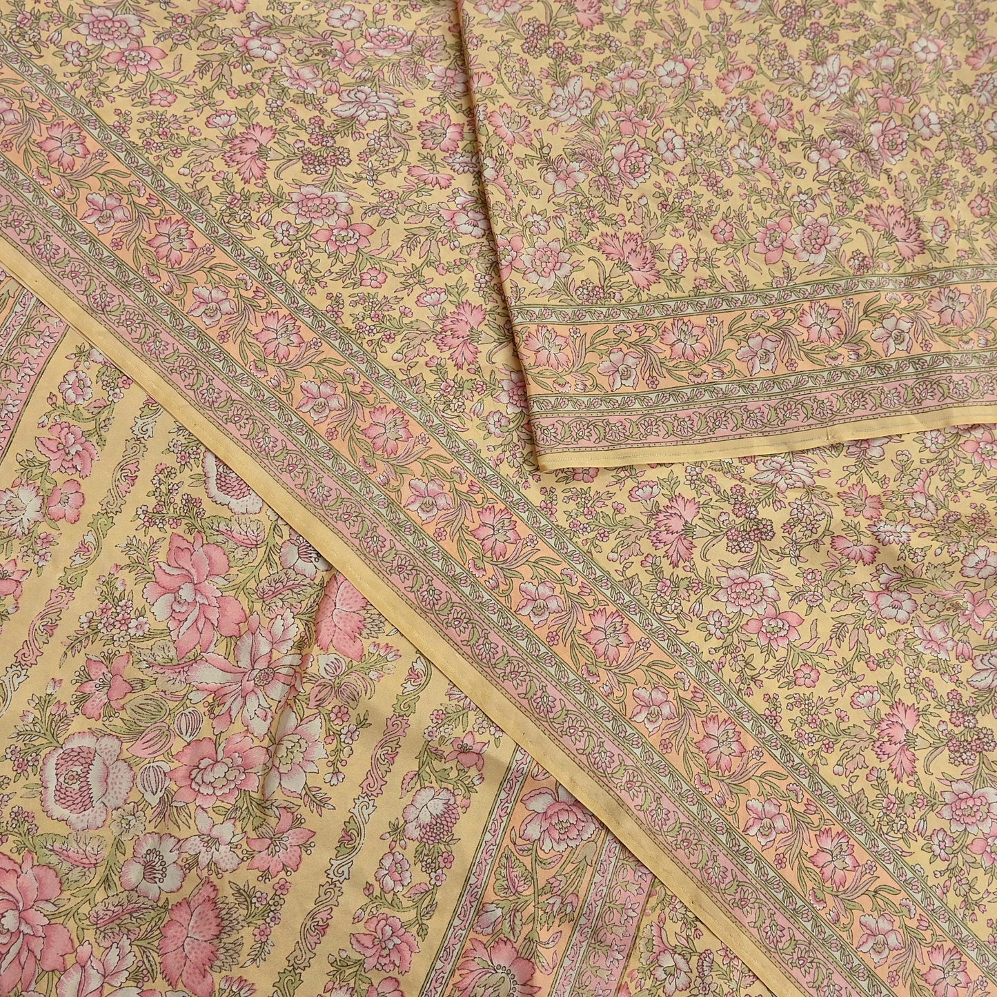 Indian Vintage Sari Yellow Pure Silk Printed Saree Fabric 5yard Sewing Craft Fabric DressMaking Wrap Floral