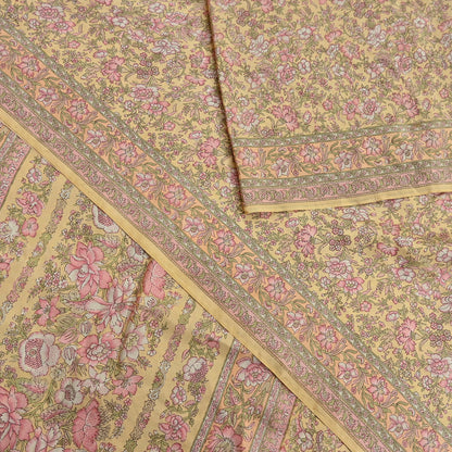 Indian Vintage Sari Yellow Pure Silk Printed Saree Fabric 5yard Sewing Craft Fabric DressMaking Wrap Floral