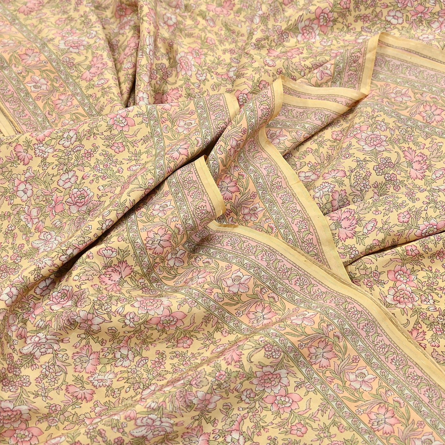 Indian Vintage Sari Yellow Pure Silk Printed Saree Fabric 5yard Sewing Craft Fabric DressMaking Wrap Floral