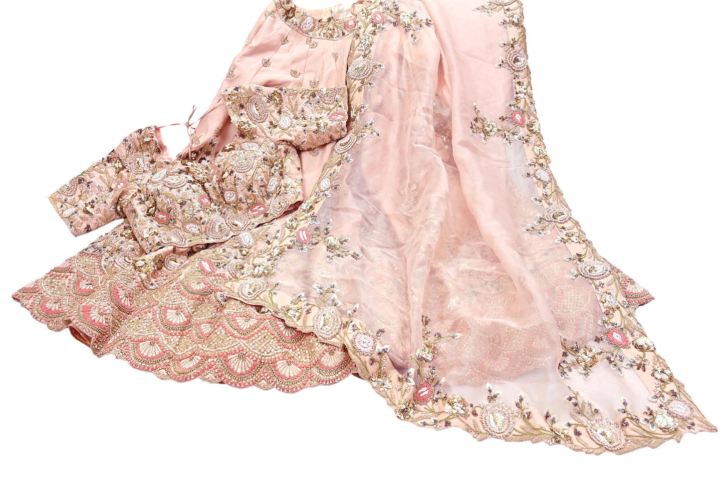Indian Heavy Peach Hand Embroidered Lehenga 3pcs Set Designer By Manish Malhotra Party Wear