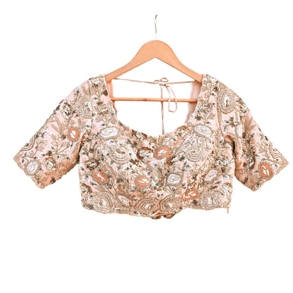 Indian Pre-owned Peach raw silk Hand Embroidered By Designer manish malhotra Padded Blouse/Top/Crop L Size Party wear Bollywood