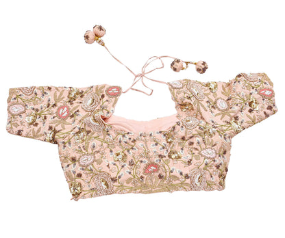 Indian Pre-owned Peach raw silk Hand Embroidered By Designer manish malhotra Padded Blouse/Top/Crop L Size Party wear Bollywood