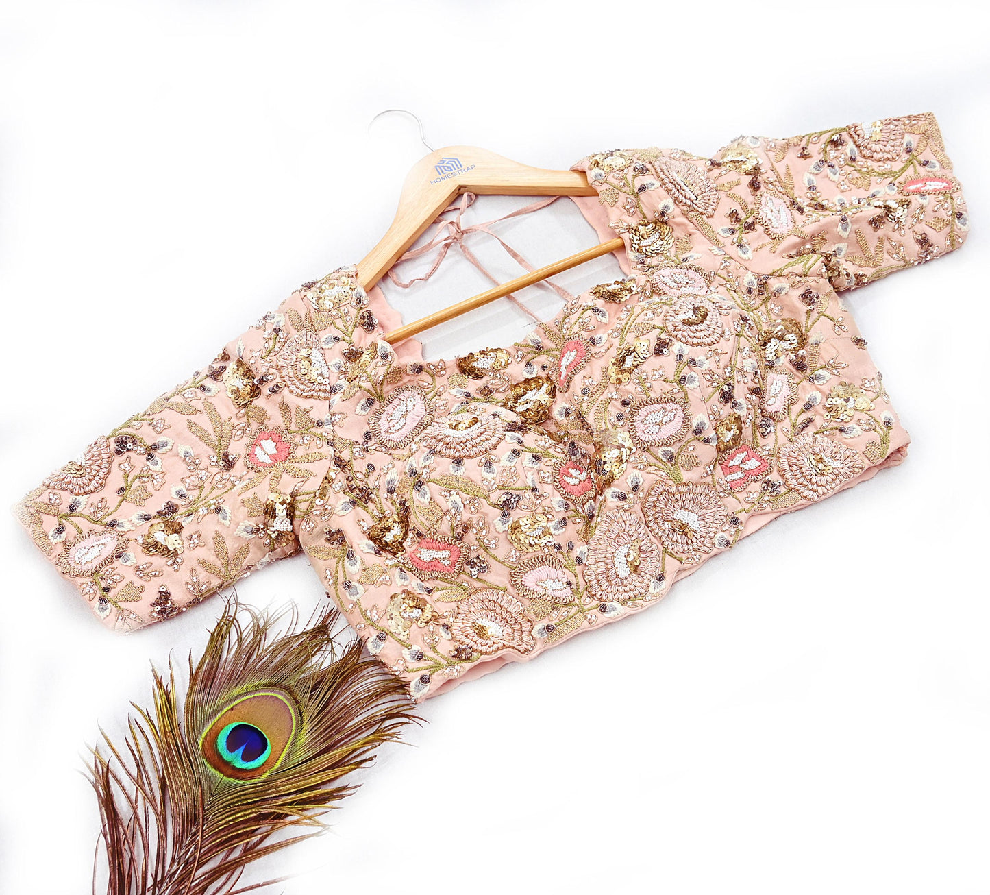 Indian Pre-owned Peach raw silk Hand Embroidered By Designer manish malhotra Padded Blouse/Top/Crop L Size Party wear Bollywood