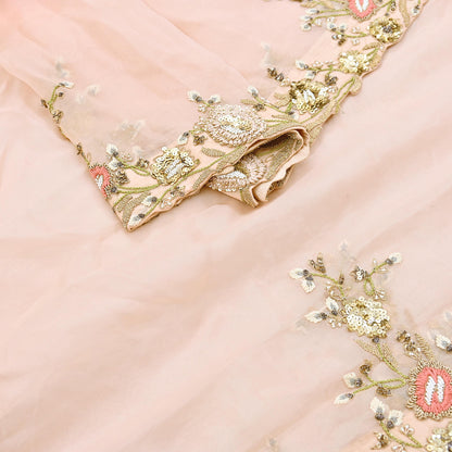 Indian Pre-owned Heavy Peach Pure Organza Silk Hand Embroidered Dupatta Designer By Manish Malhotra Zardozi Bridal Veil