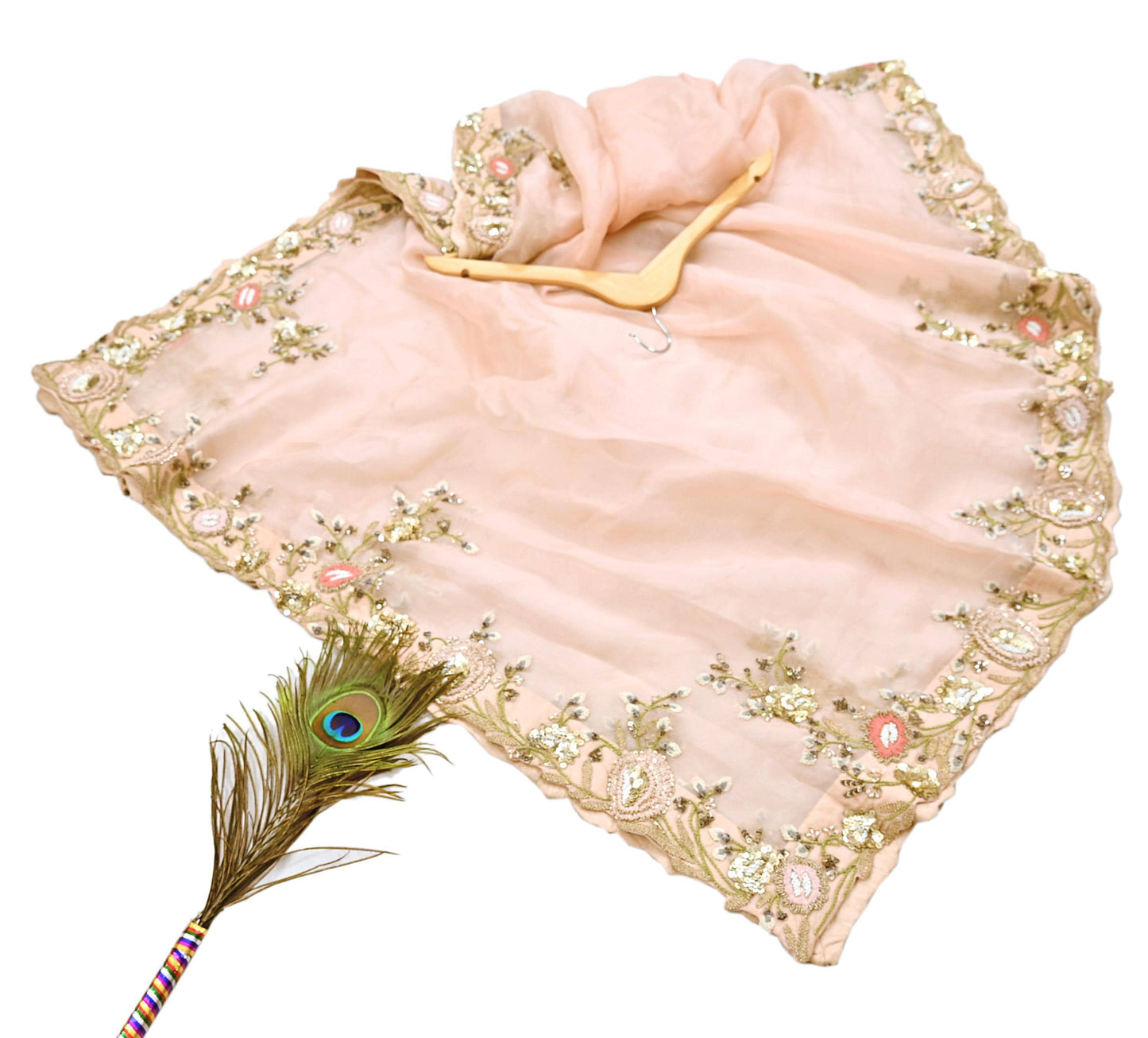 Indian Pre-owned Heavy Peach Pure Organza Silk Hand Embroidered Dupatta Designer By Manish Malhotra Zardozi Bridal Veil