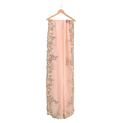 Indian Pre-owned Heavy Peach Pure Organza Silk Hand Embroidered Dupatta Designer By Manish Malhotra Zardozi Bridal Veil
