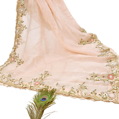Indian Pre-owned Heavy Peach Pure Organza Silk Hand Embroidered Dupatta Designer By Manish Malhotra Zardozi Bridal Veil