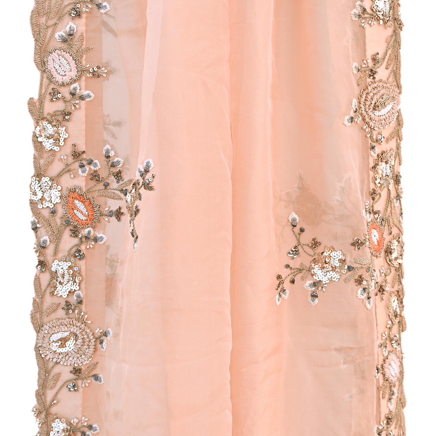 Indian Pre-owned Heavy Peach Pure Organza Silk Hand Embroidered Dupatta Designer By Manish Malhotra Zardozi Bridal Veil