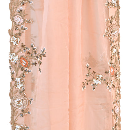 Indian Pre-owned Heavy Peach Pure Organza Silk Hand Embroidered Dupatta Designer By Manish Malhotra Zardozi Bridal Veil