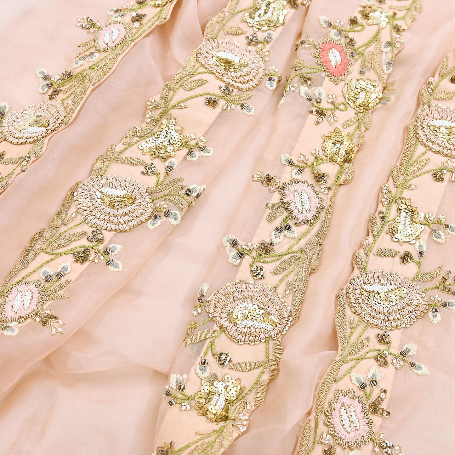 Indian Pre-owned Heavy Peach Pure Organza Silk Hand Embroidered Dupatta Designer By Manish Malhotra Zardozi Bridal Veil