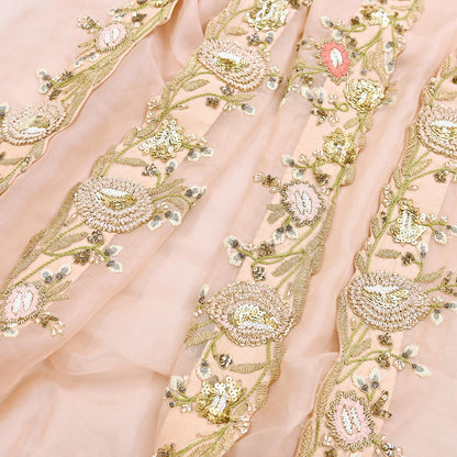 Indian Pre-owned Heavy Peach Pure Organza Silk Hand Embroidered Dupatta Designer By Manish Malhotra Zardozi Bridal Veil
