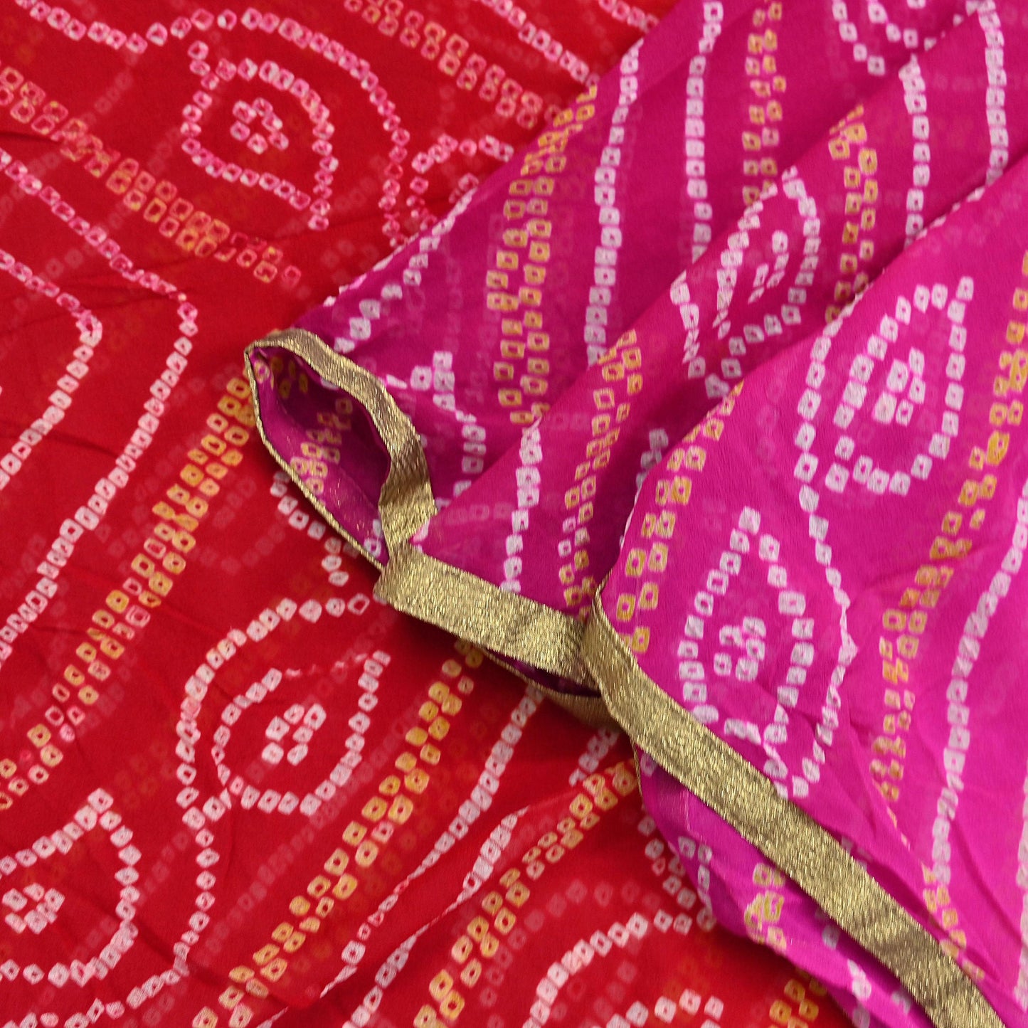 Indian Vintage Pink & Red Dupatta Pure Georgette Silk Embroidered Bandhani Veil Scarves Soft Zari Border