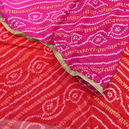 Indian Vintage Pink & Red Dupatta Pure Georgette Silk Embroidered Bandhani Veil Scarves Soft Zari Border