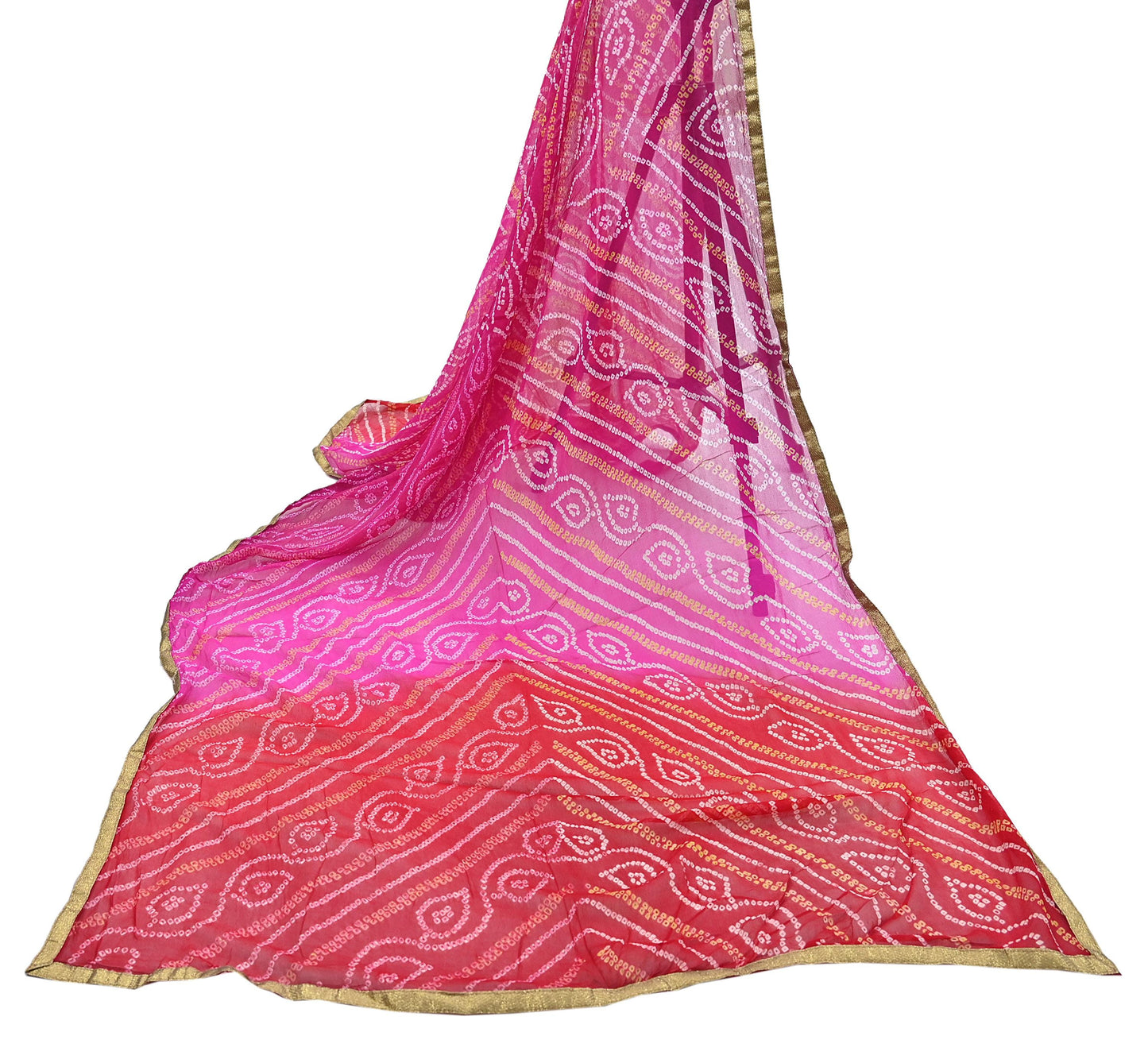 Indian Vintage Pink & Red Dupatta Pure Georgette Silk Embroidered Bandhani Veil Scarves Soft Zari Border