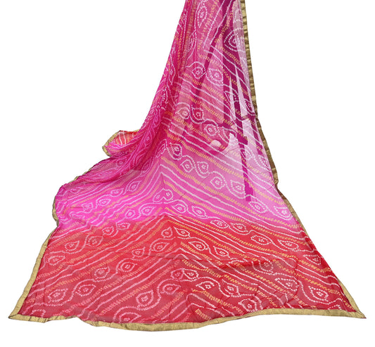 Indian Vintage Pink & Red Dupatta Pure Georgette Silk Embroidered Bandhani Veil Scarves Soft Zari Border