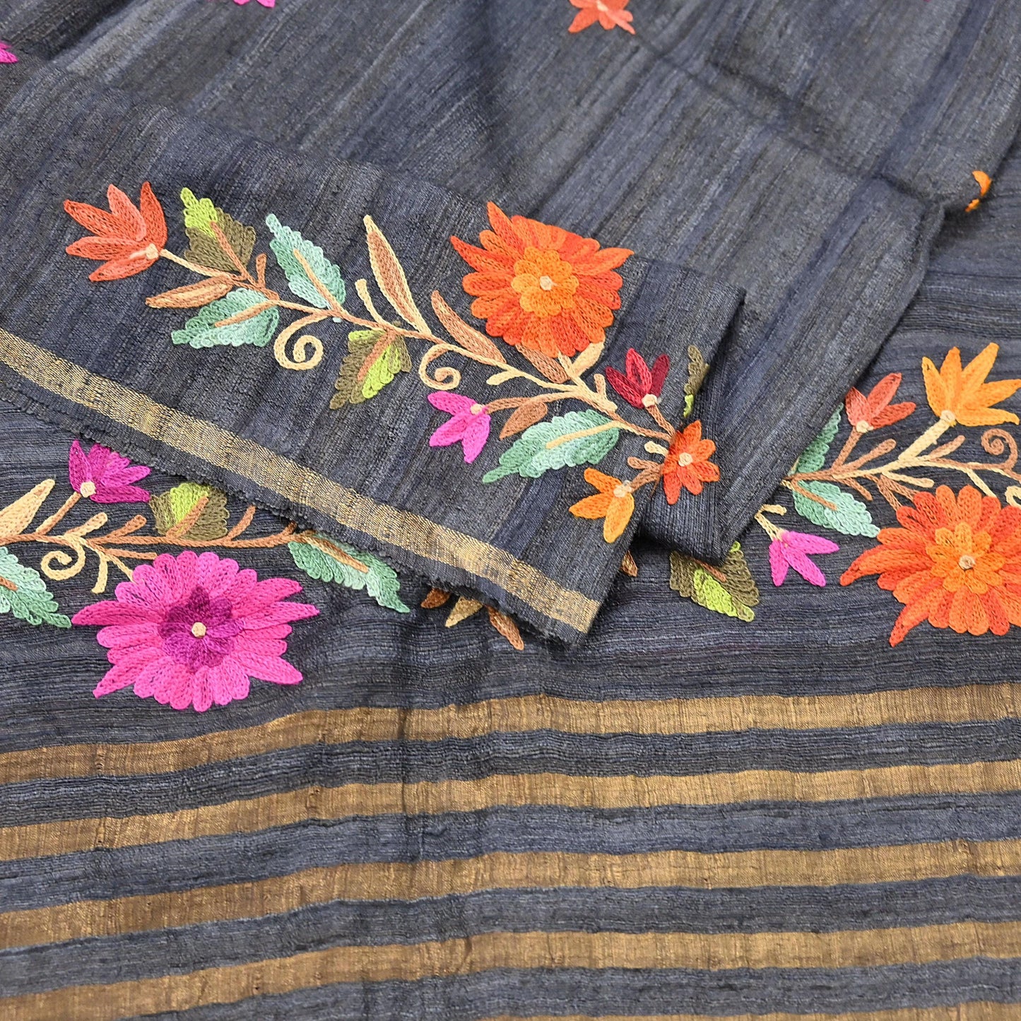 Indian Vintage Gray Dupatta Pure Khadi silk Long Stole Hand Embroidered ari Scarves Floral Design Stole Veil Wrap