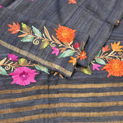 Indian Vintage Gray Dupatta Pure Khadi silk Long Stole Hand Embroidered ari Scarves Floral Design Stole Veil Wrap