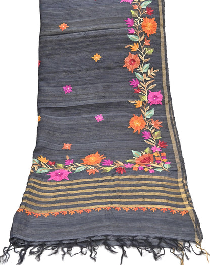 Indian Vintage Gray Dupatta Pure Khadi silk Long Stole Hand Embroidered ari Scarves Floral Design Stole Veil Wrap