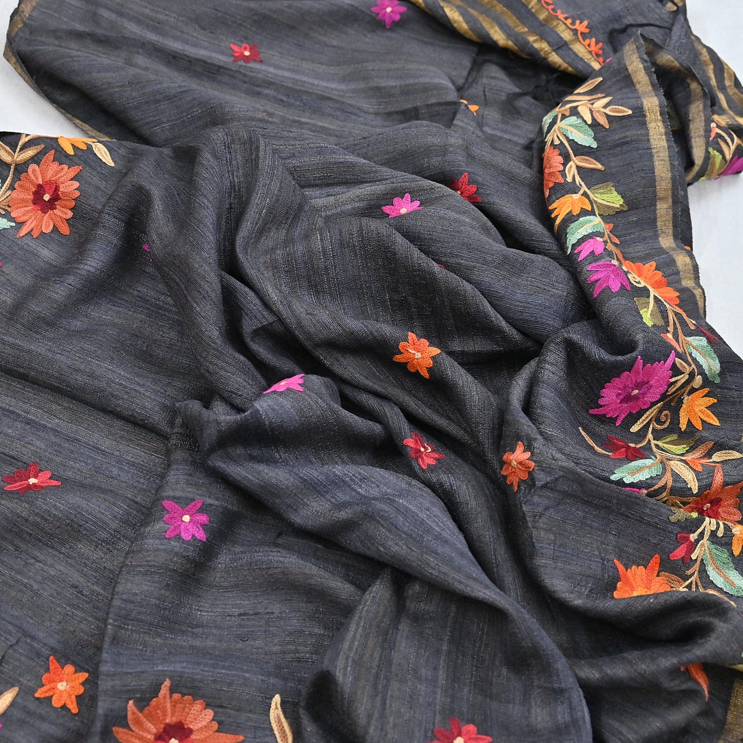 Indian Vintage Gray Dupatta Pure Khadi silk Long Stole Hand Embroidered ari Scarves Floral Design Stole Veil Wrap