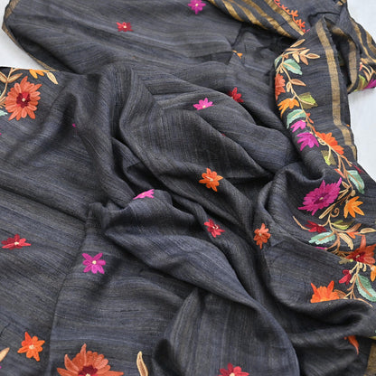 Indian Vintage Gray Dupatta Pure Khadi silk Long Stole Hand Embroidered ari Scarves Floral Design Stole Veil Wrap