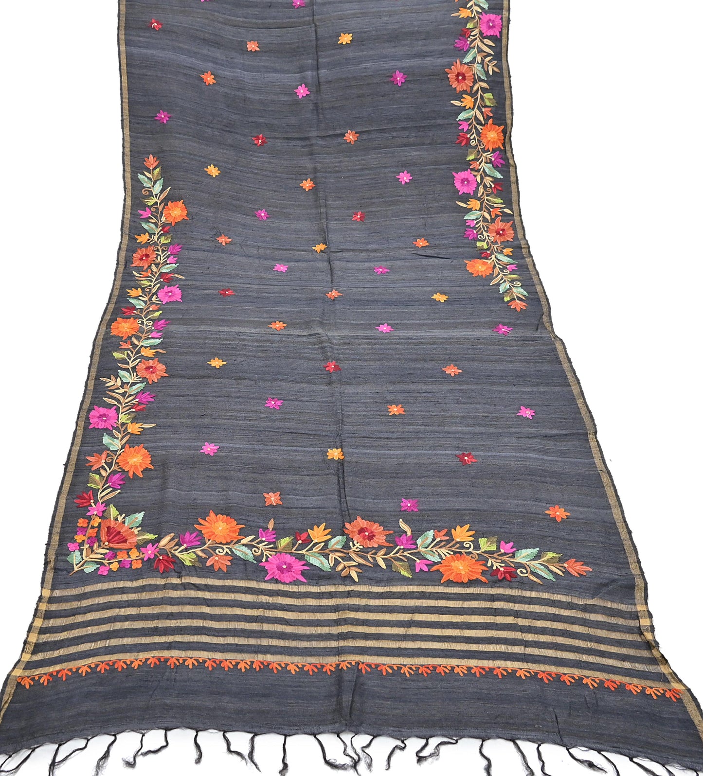 Indian Vintage Gray Dupatta Pure Khadi silk Long Stole Hand Embroidered ari Scarves Floral Design Stole Veil Wrap