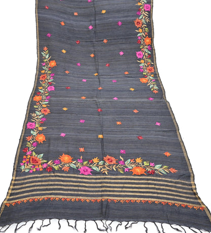 Indian Vintage Gray Dupatta Pure Khadi silk Long Stole Hand Embroidered ari Scarves Floral Design Stole Veil Wrap