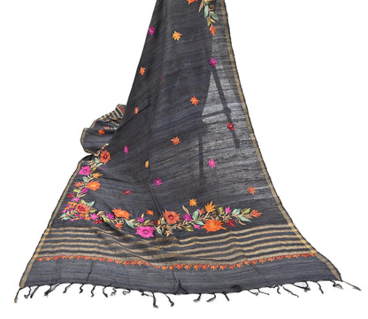 Indian Vintage Gray Dupatta Pure Khadi silk Long Stole Hand Embroidered ari Scarves Floral Design Stole Veil Wrap