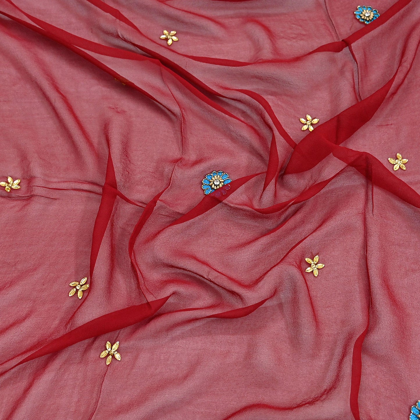 Indian Vintage Red Dupatta Pure Georgette silk Long Stole Hand Embroidered Scarves Stole Veil Wrap Sequins