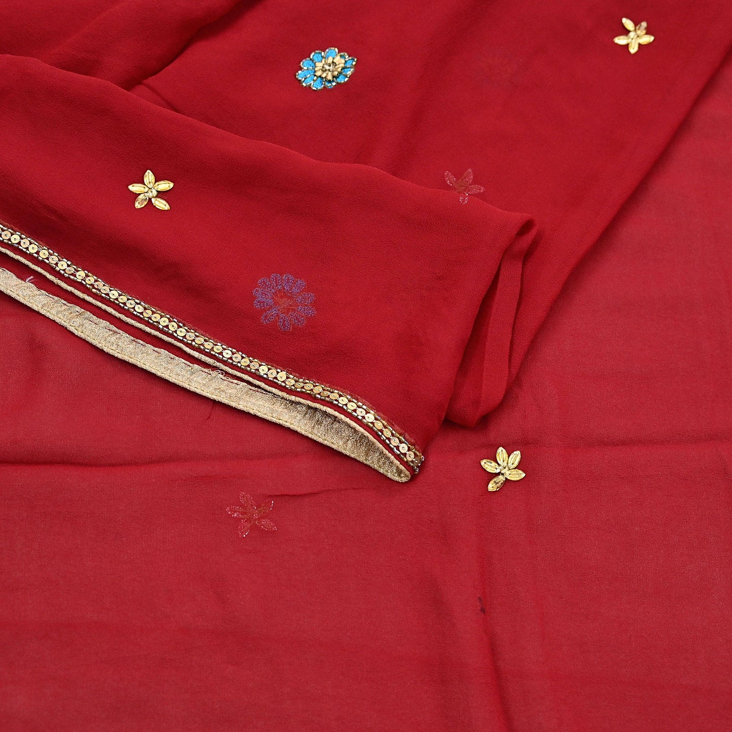 Indian Vintage Red Dupatta Pure Georgette silk Long Stole Hand Embroidered Scarves Stole Veil Wrap Sequins