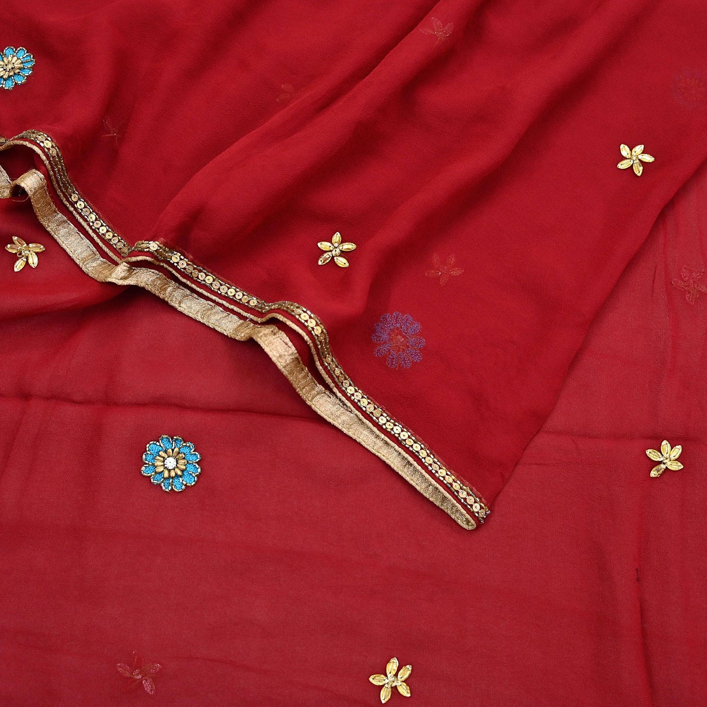 Indian Vintage Red Dupatta Pure Georgette silk Long Stole Hand Embroidered Scarves Stole Veil Wrap Sequins