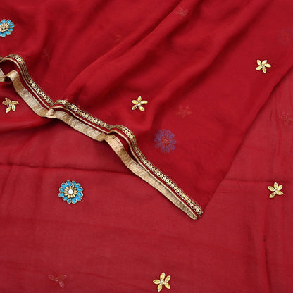 Indian Vintage Red Dupatta Pure Georgette silk Long Stole Hand Embroidered Scarves Stole Veil Wrap Sequins