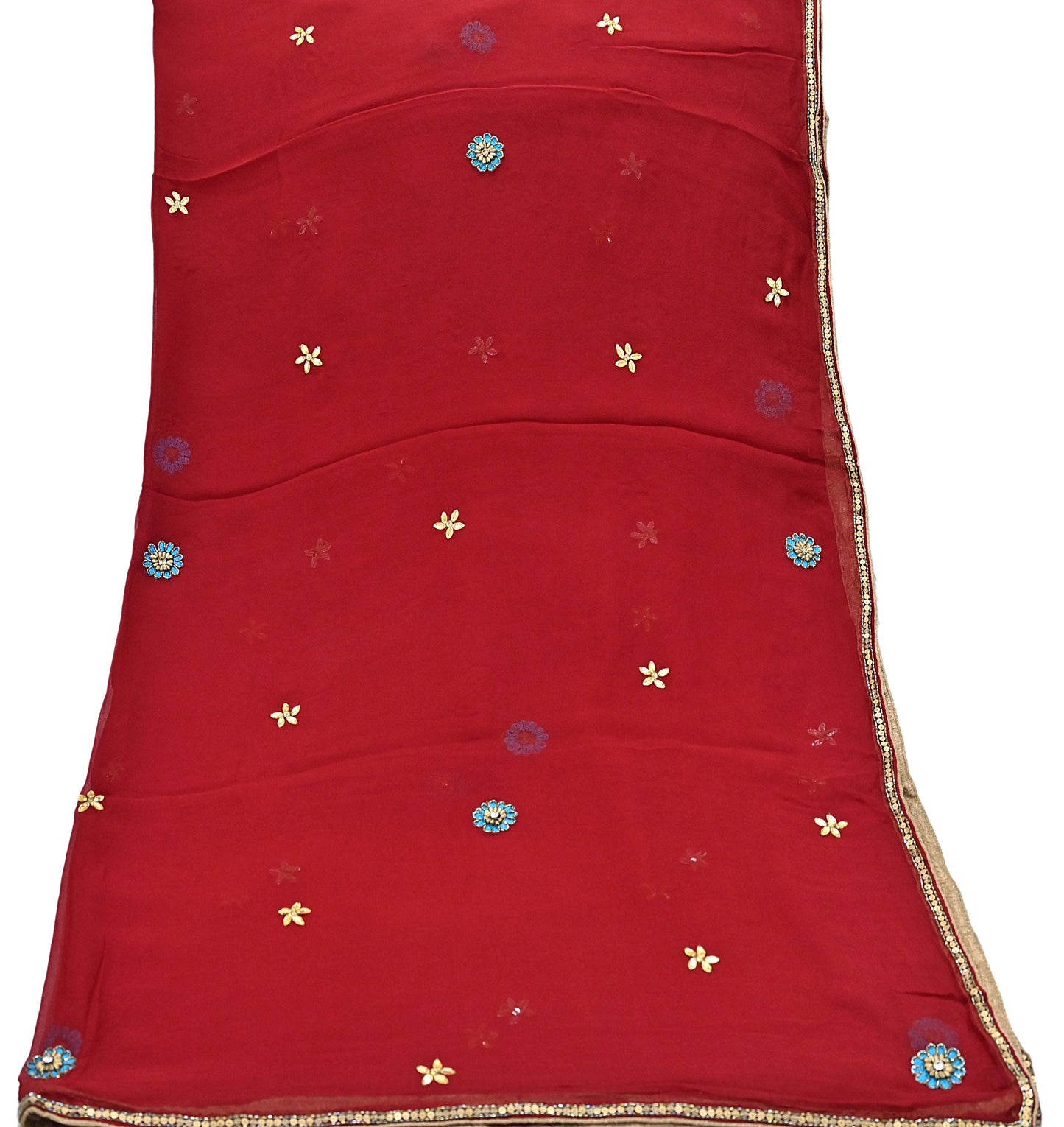 Indian Vintage Red Dupatta Pure Georgette silk Long Stole Hand Embroidered Scarves Stole Veil Wrap Sequins