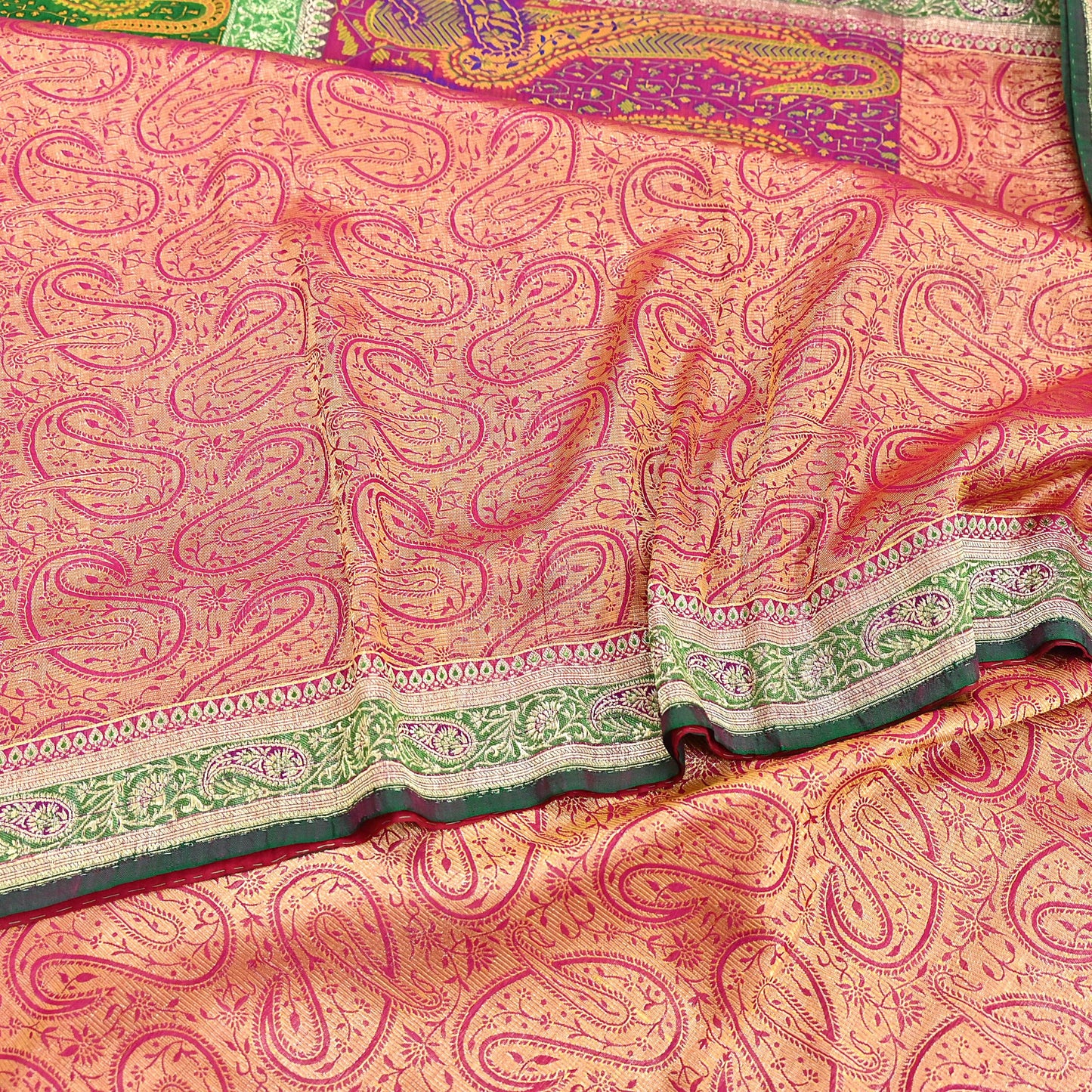 Indian Vintage Sari Pink & Green Heavy Pure Silk Woven Banarasi Brocade Saree Fabric 5Yd Ethnic Dress making Crafting Dress Designing