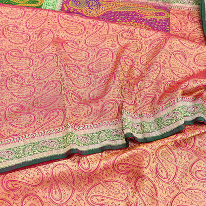 Indian Vintage Sari Pink & Green Heavy Pure Silk Woven Banarasi Brocade Saree Fabric 5Yd Ethnic Dress making Crafting Dress Designing