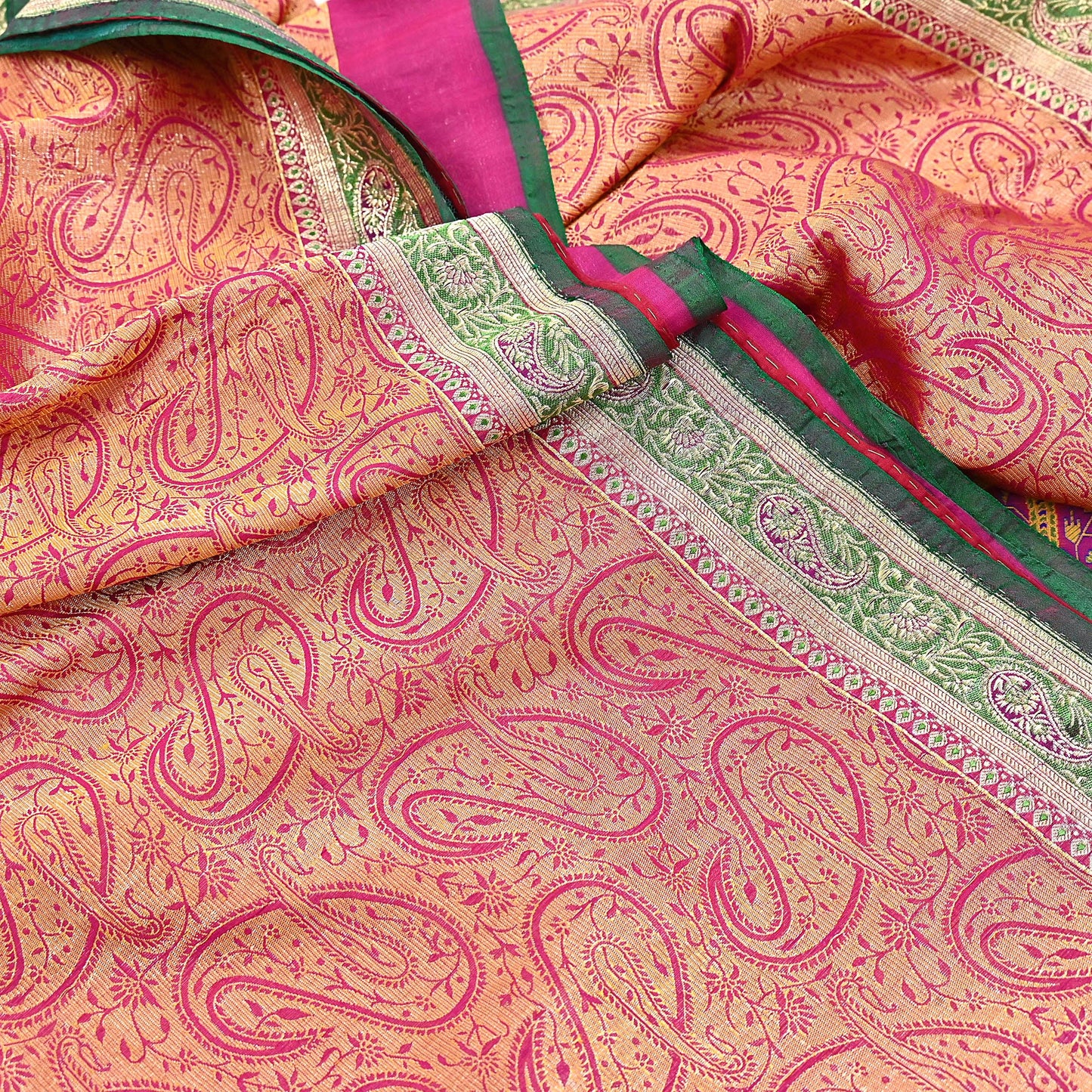 Indian Vintage Sari Pink & Green Heavy Pure Silk Woven Banarasi Brocade Saree Fabric 5Yd Ethnic Dress making Crafting Dress Designing