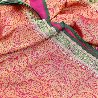 Indian Vintage Sari Pink & Green Heavy Pure Silk Woven Banarasi Brocade Saree Fabric 5Yd Ethnic Dress making Crafting Dress Designing
